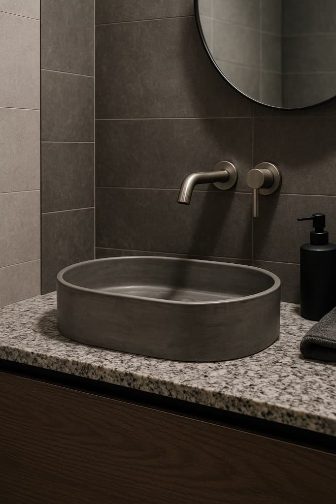 Bacha oval gris oscuro en baño con azulejos oscuros