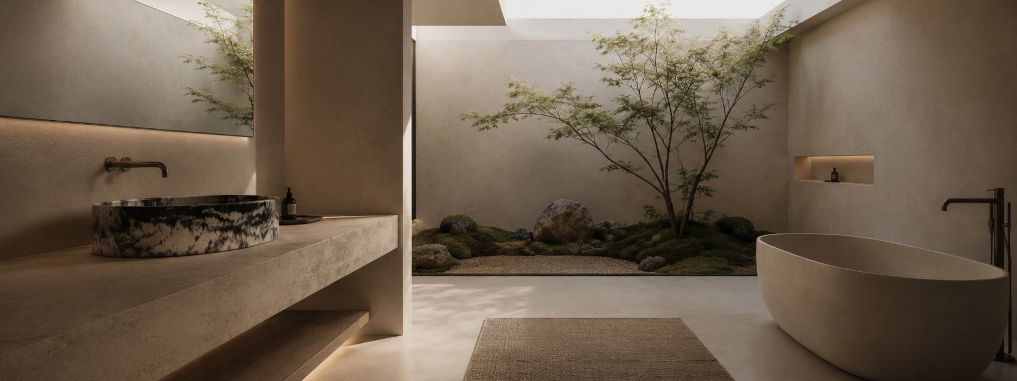 Baño spa Prieta con bacha marmolada, jardín interior y bañera